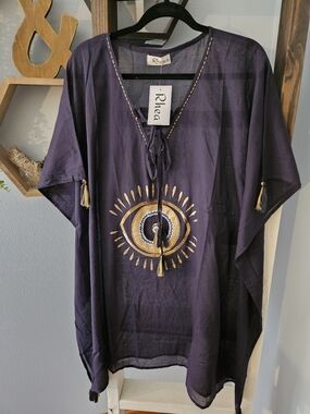 NWT Rhea Evil Eye Cotton Kaftan Tunic Navy Gold Boho Coverup -OS